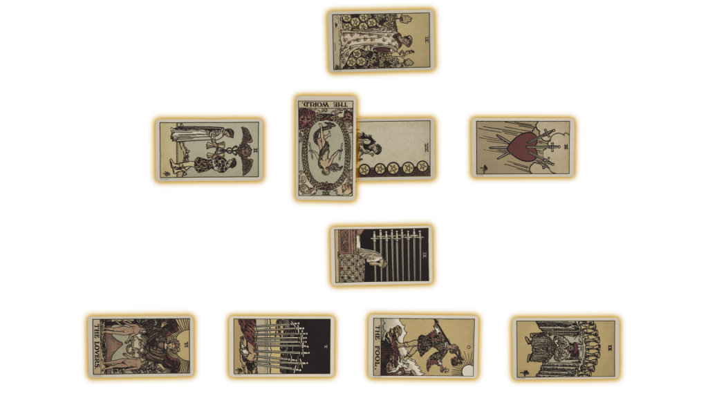 Ten tarot cards in a celtic cross spread