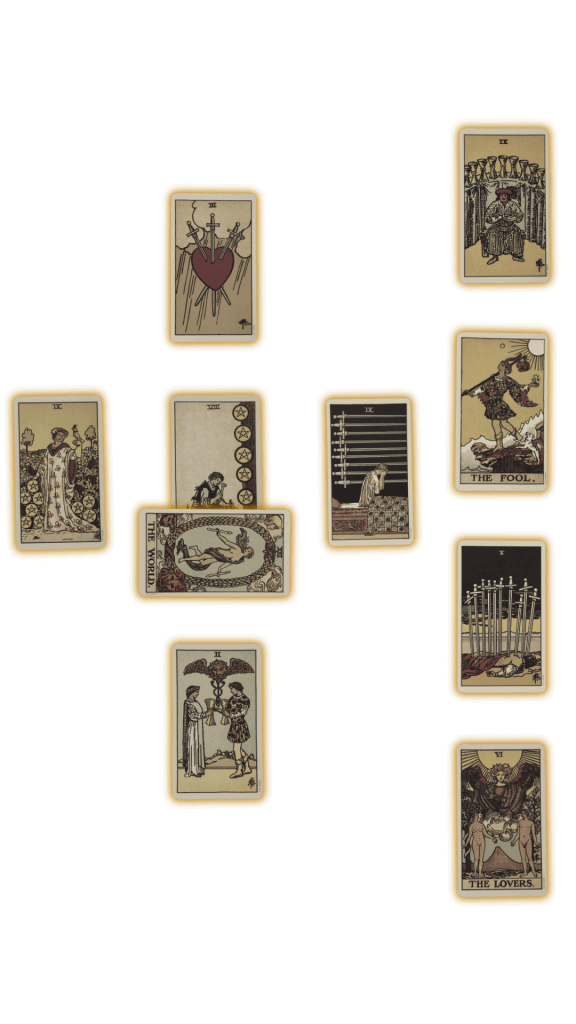 Ten tarot cards in a celtic cross spread