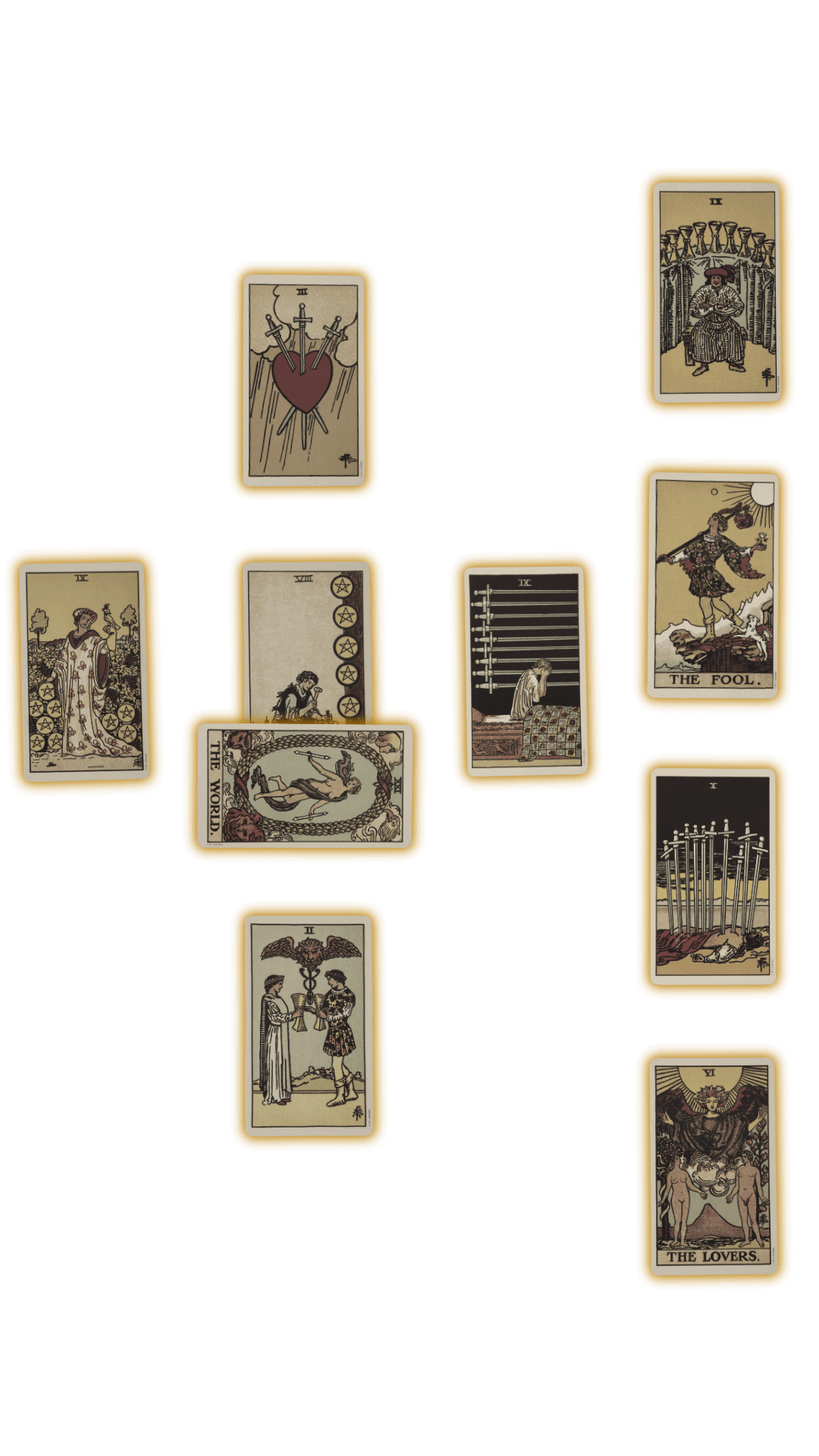 Ten tarot cards in a celtic cross spread