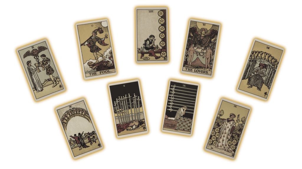 Eight tarot cards in a spread