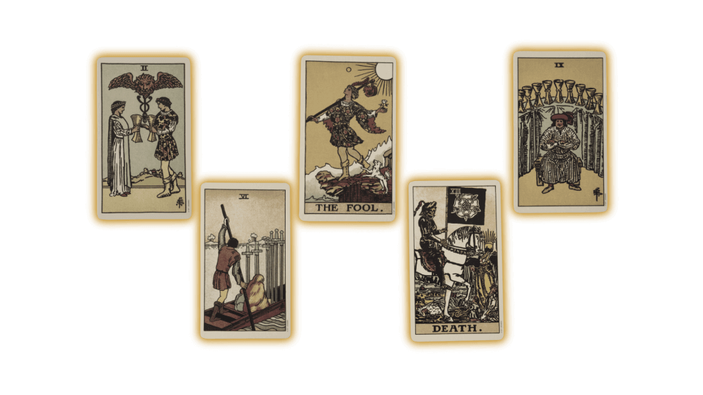 Five tarot cards in a spread
