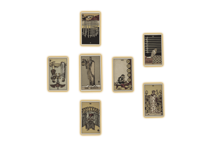 Seven tarot cards in a spread