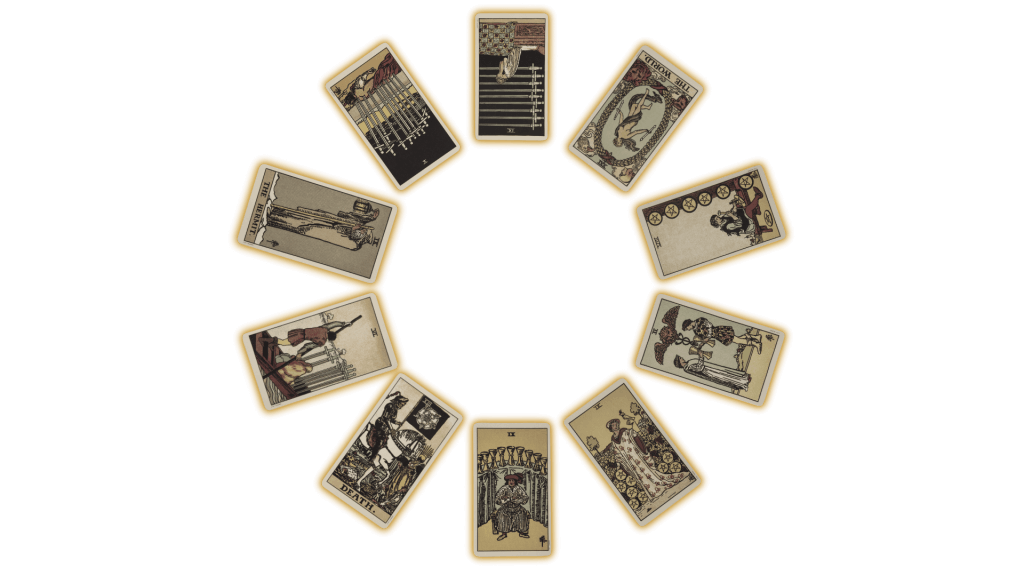 Ten tarot cards in a circle