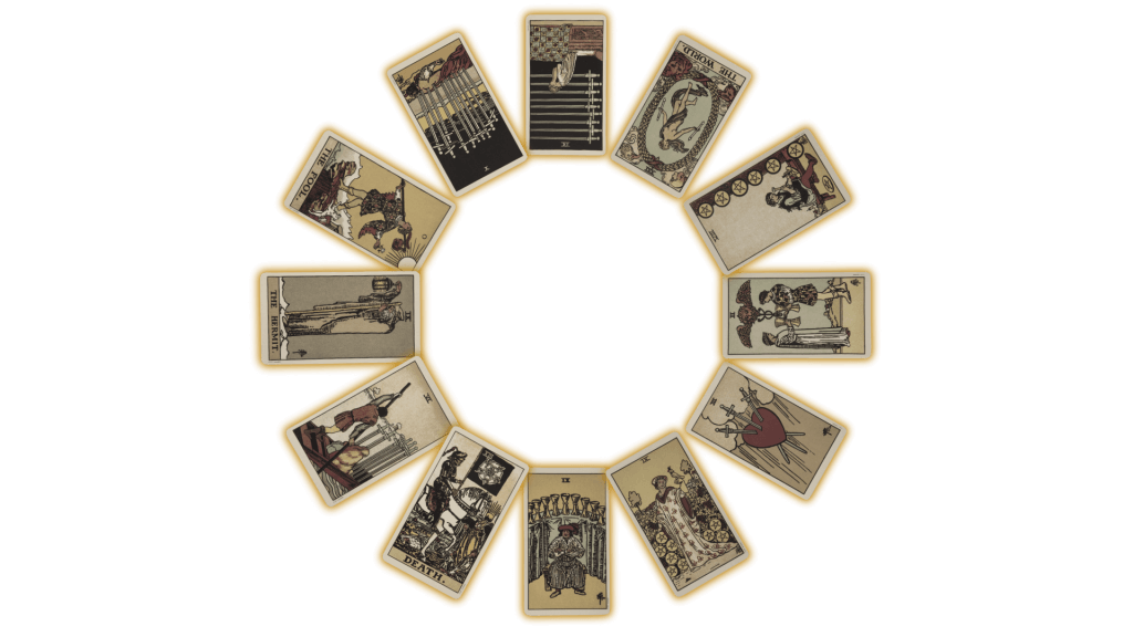 Twelve tarot cards in a circle