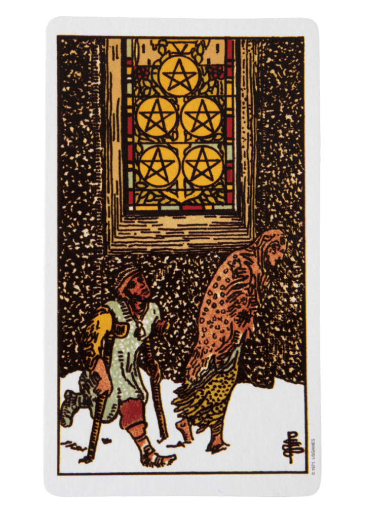 Five of pentacles card, widely considered the worst tarot card to draw for financial or emotional hardship, showing figures in need outside a lit window.