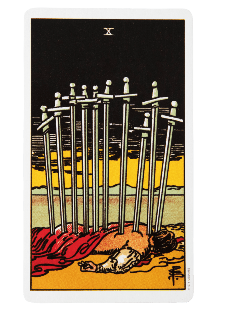 Ten of swords scene, often cited as the worst tarot card for finality, showing a figure lying face-down with swords in their back, marking the end of a painful cycle.