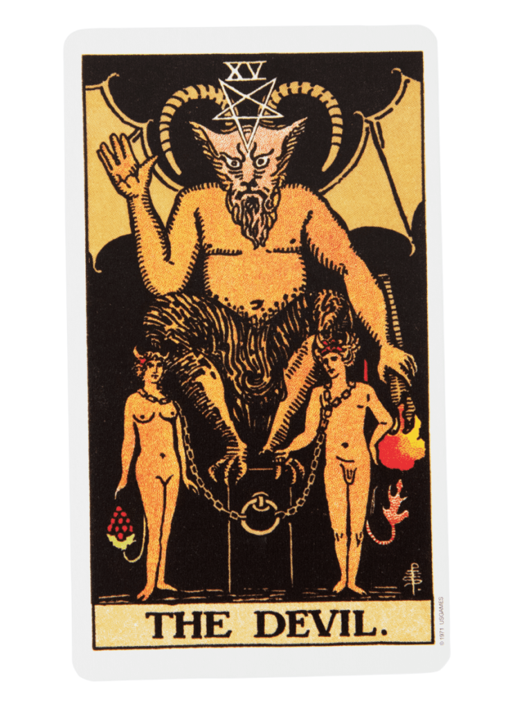 Image of the devil, considered by many to be the worst tarot card for highlighting toxic habits, with a horned figure and chained humans symbolising illusory constraints.