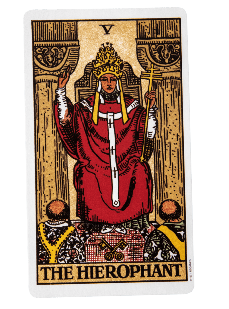 Depiction of the hierophant, mistakenly viewed as the worst tarot card by those who dislike structure, showing a spiritual teacher emphasising tradition and external guidance.