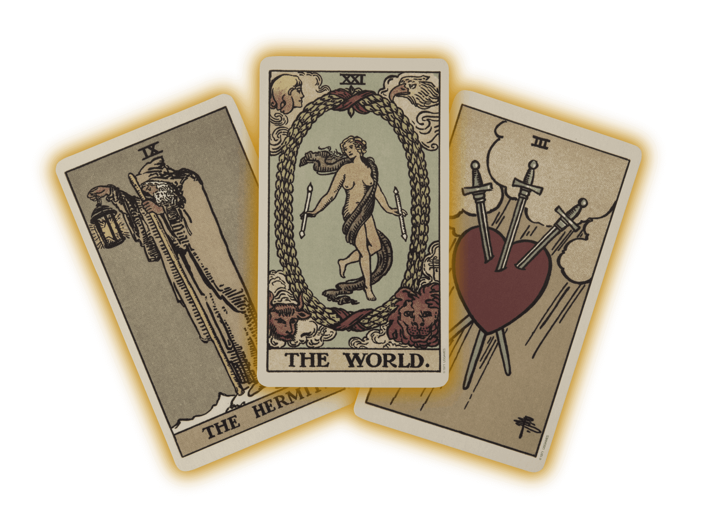 Three tarot cards in a fan