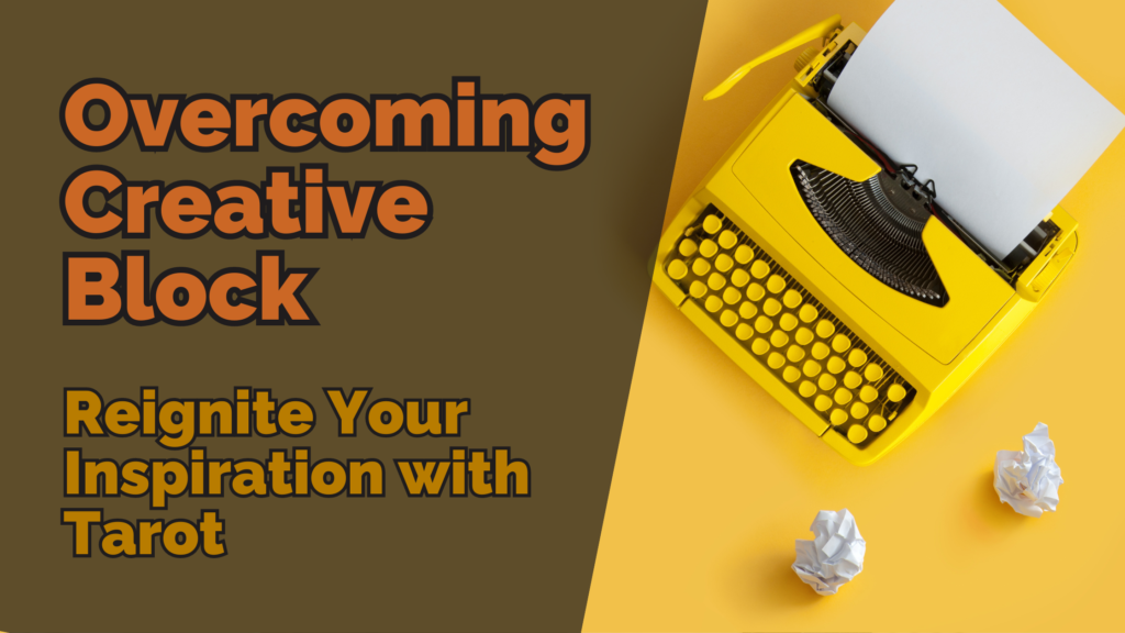 Overcoming creative block: reignite your inspiration with tarot. Image shows a yellow typewriter with a blank sheet of paper and crumpled pieces of paper on a yellow background, symbolizing creative frustration.