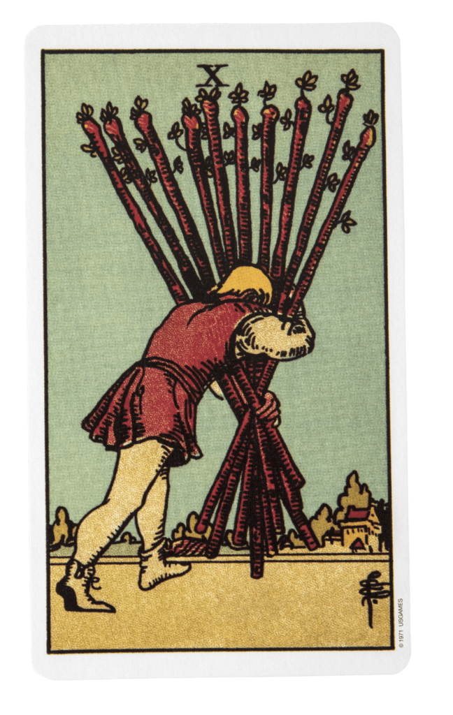 Ten of wands depiction, seen as the worst tarot card for burnout, illustrating a person struggling to carry an overwhelming burden of wands.