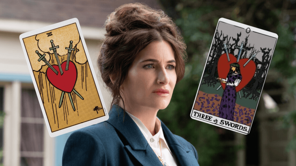 Image shows agatha harkness alongside the traditional rider-waite depiction of the three of swords and the version featured in agatha all along. Showing how tarot in agatha all along portrays themes of heartbreak, grief, and emotional healing.