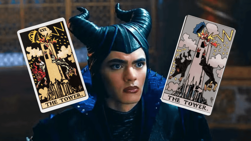 Image shows billy maximoff alongside the traditional rider-waite depiction of the tower card and the version featured in agatha all along. Showing how tarot in agatha all along depicts the card’s themes of upheaval, destruction, and resilience.