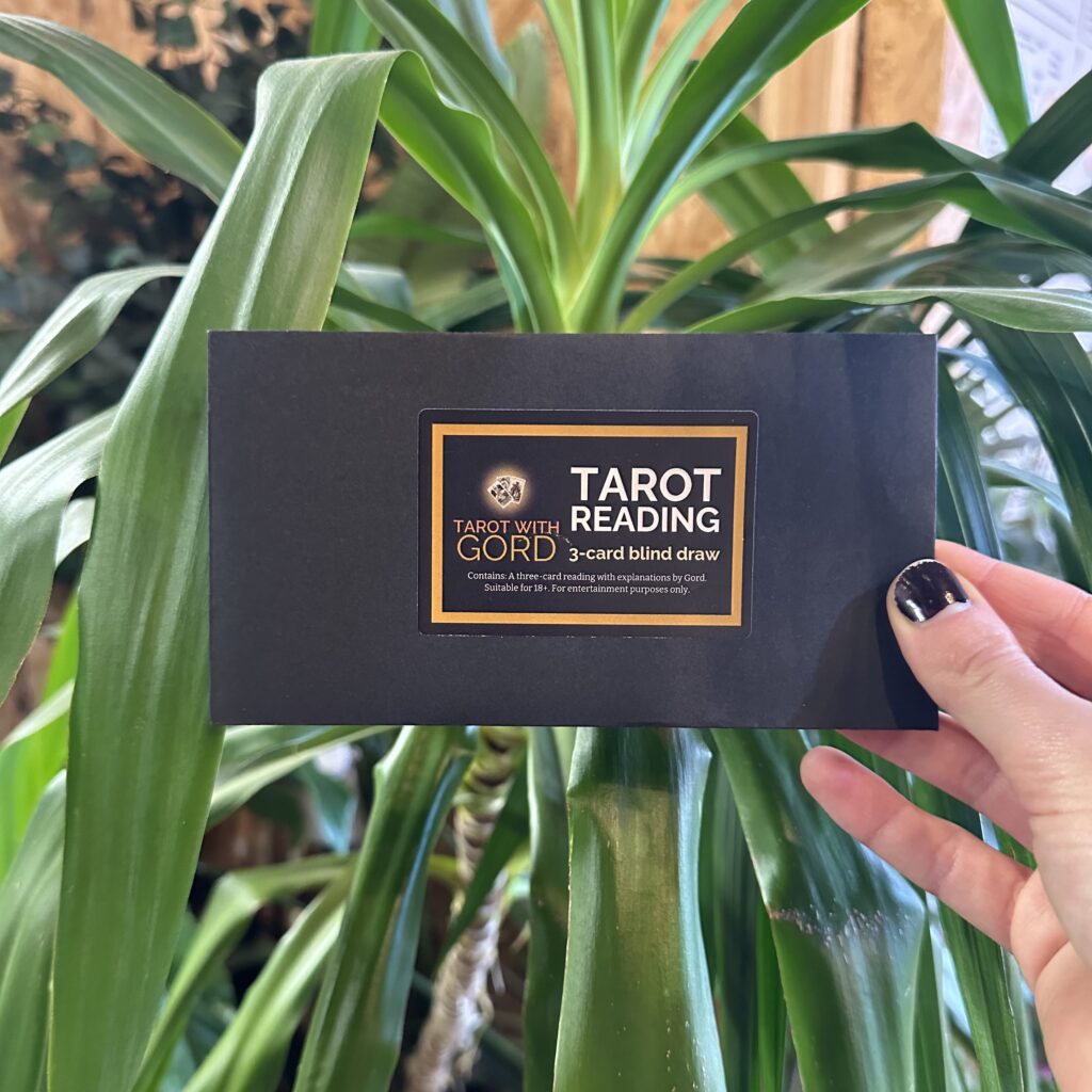 A black envelope labelled ‘tarot reading - 3-card blind draw’ with ‘tarot with gord’ branding, held in front of lush green leaves, showcasing a natural and inviting setting.