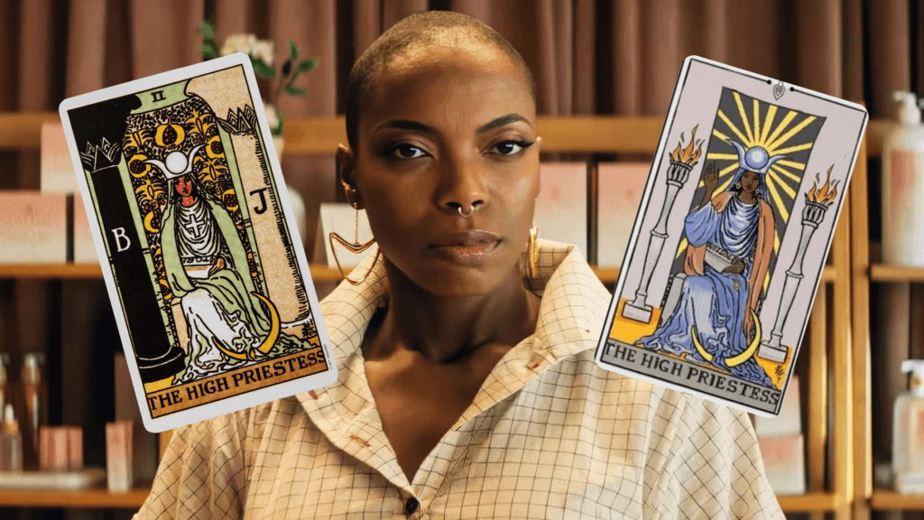 Image shows jennifer kale alongside the traditional rider-waite depiction of the high priestess card and the version featured in agatha all along. Showing how tarot in agatha all along portrays the card’s focus on intuition, mystery, and spiritual wisdom.