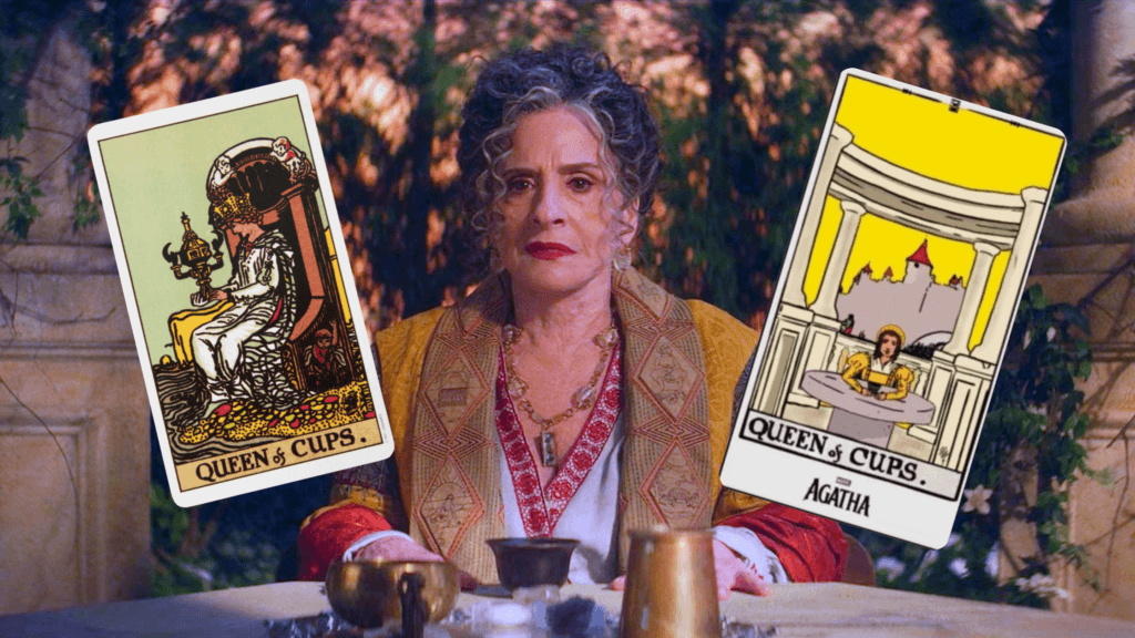 Image shows lilia calderu alongside the traditional rider-waite depiction of the queen of cups and the version featured in agatha all along. Showing how tarot in agatha all along illustrates themes of emotional insight and compassion through this card.