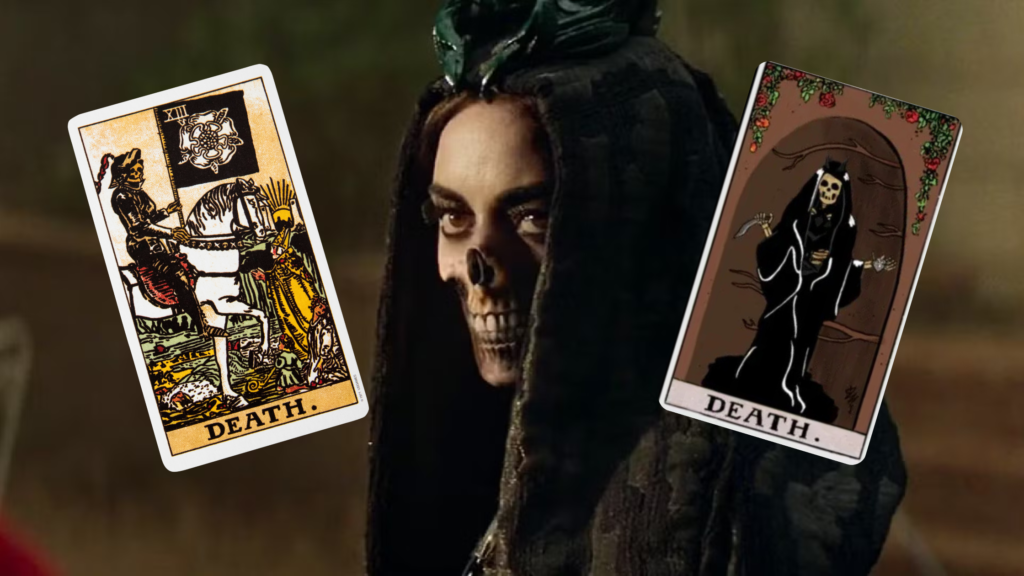 Image shows rio vidal alongside the traditional rider-waite depiction of the death card and the version featured in agatha all along. Showing how tarot in agatha all along explores transformation, endings, and renewal through this card.