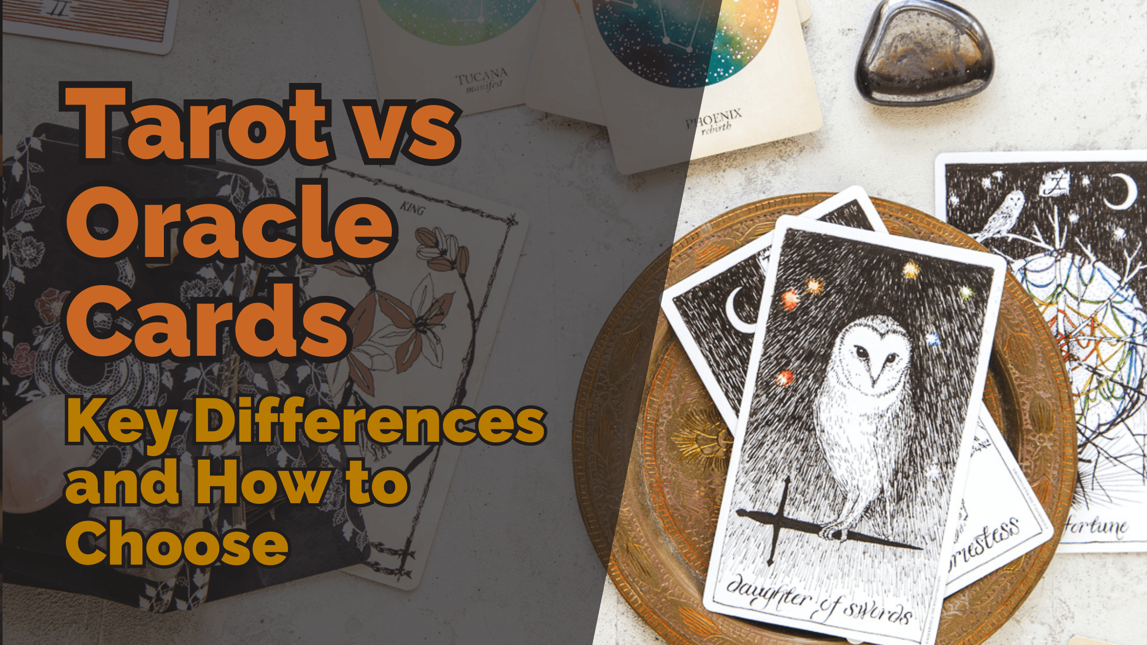 Tarot vs oracle cards: key differences and how to choose – an engaging visual comparing the structured depth of tarot cards with the flexibility and versatility of oracle cards, offering insights to help you pick the perfect deck for your spiritual journey.