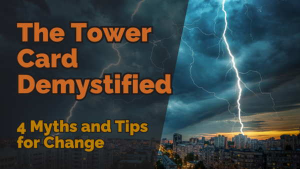 A dramatic city skyline under a stormy sky with a lightning bolt striking, symbolising chaos and transformation, reflecting the tower card demystified.