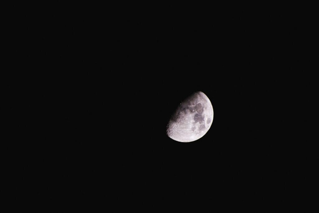 A waxing gibbous moon is seen in the dark sky